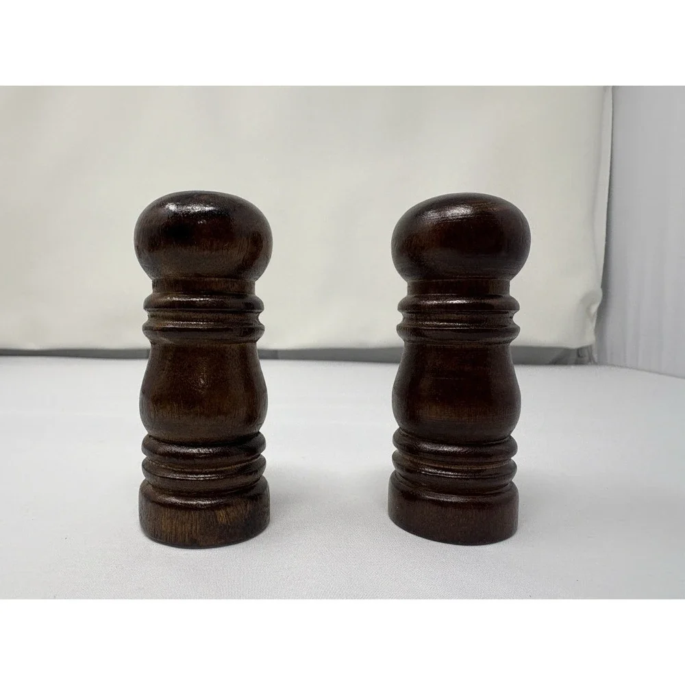 Vintage Turned Dark Wood Grain Wooden Salt & Pepper Shakers Set Small 3